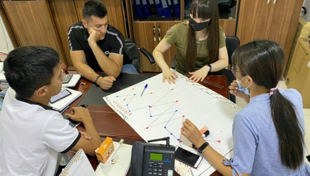 Interns working around a table with a large chart between them