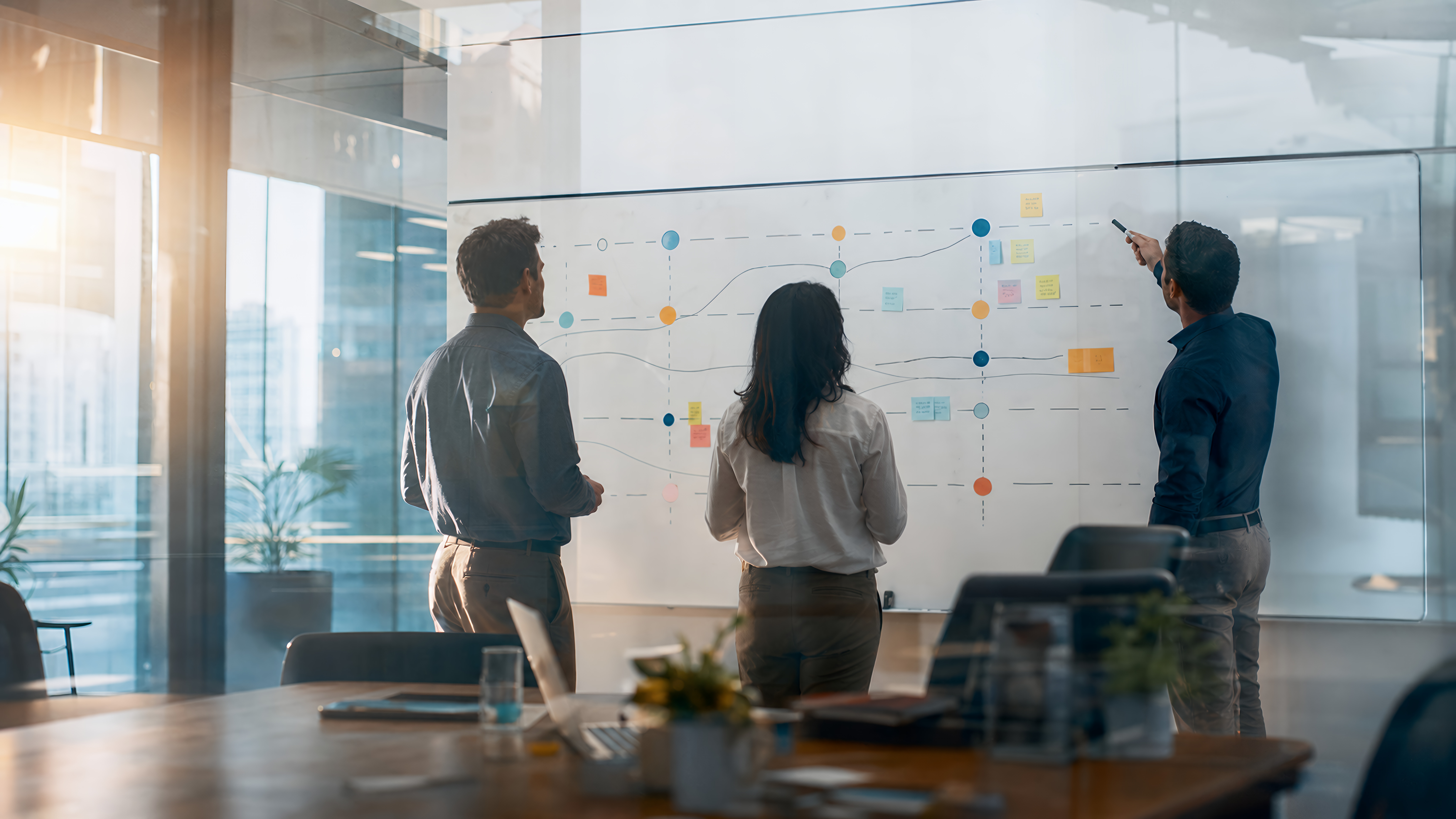 Three people at whiteboard