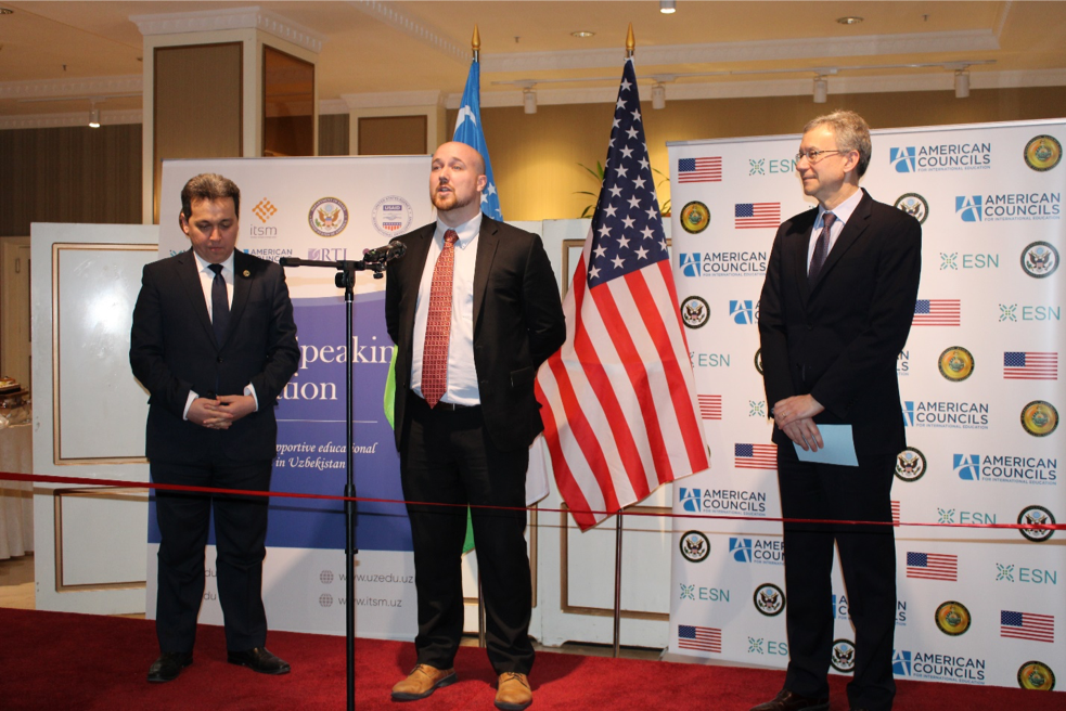 Minister Sherzod Shermatov (left), Minister of Public Education Uzbekistan; Will O’Roark (center), American Councils Country Director Uzbekistan; Ambassador Daniel Rosenblum (right)