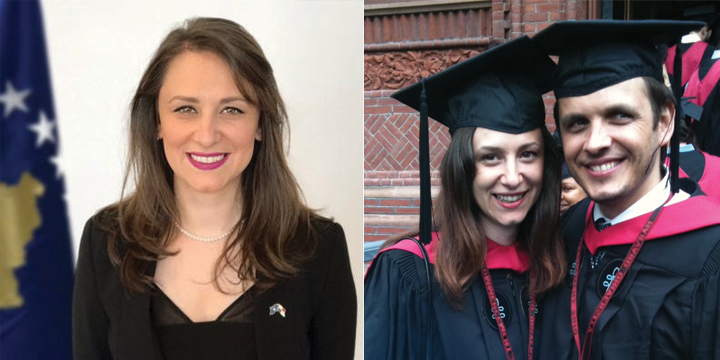 A headshot of Ambassador Rudi alongside her graduation photo from Harvard