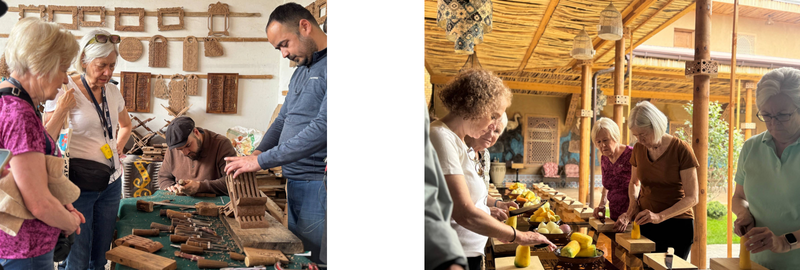 Left: woodworkers demonstrate their craft; Right: group participates in cooking demonstration