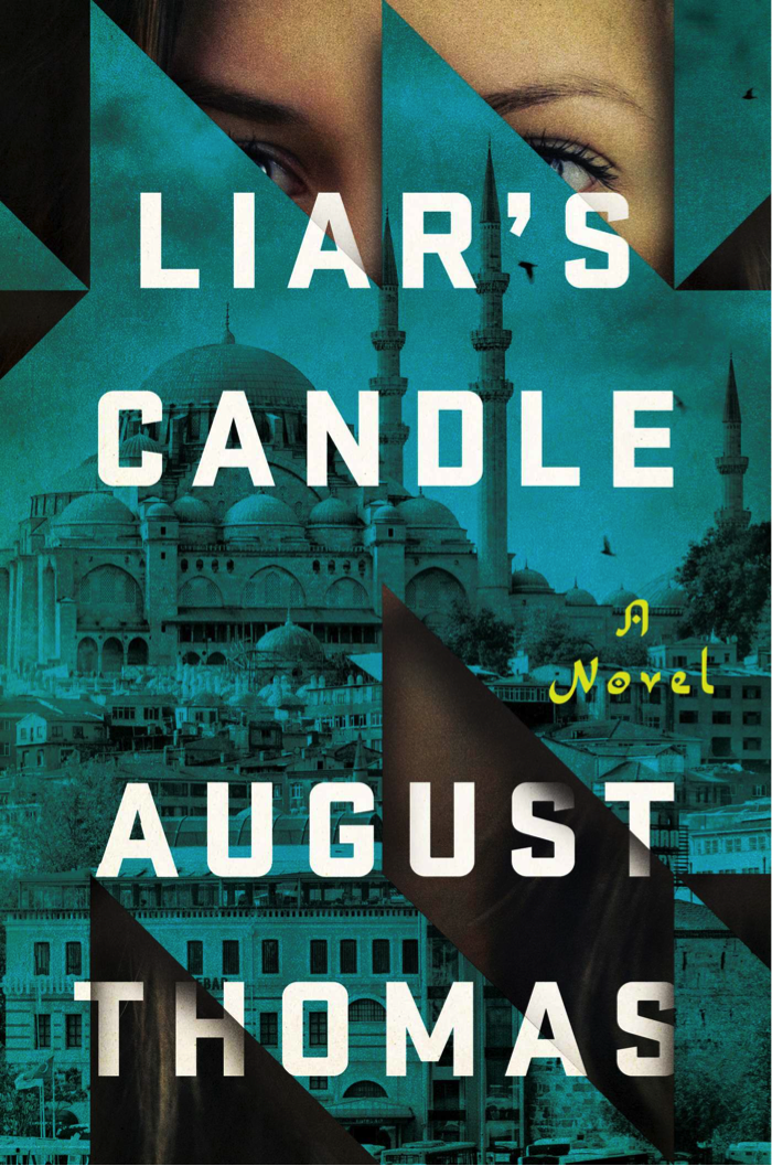 The Liar's Candle book cover shows a mosque and city scene in turkey, layered over a woman's face, which is partially obscured, except her eyes.