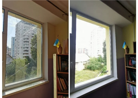 Before and after photos of window damage and repair