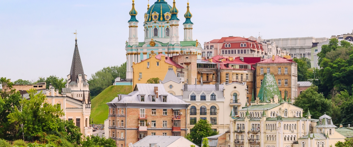 Top view of Saint Andrew's church and Andriivska street from above, Kyiv, Ukraine.