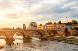 The stone bridge, over the Vardar River, in Skopje, North Macedonia