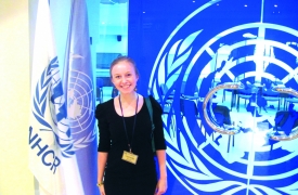Lehigh University student smiles in front of a UN office