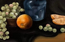 A close up shot of a still life painting of fruit and a vase, in color, with Nikola's signature in the corner