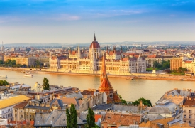 Budapest city skyline at Hungarian Parliament and Danube River, Budapest, Hungary