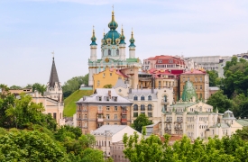 Top view of Saint Andrew's church and Andriivska street from above, Kyiv, Ukraine.