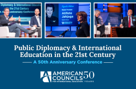 Hero Image: Blue background with the text "Public Diplomacy and International Education in the 21st Century," with the American Councils Logo. Photos of  Panel Participants Ambassador Marie Yovanovitch, Rafik Mansour, Frank Sesno, Ben Thurn, and Atifete Jahjaga