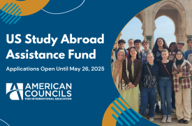 US Assistance Fund_ Blue Background with White Text_ photo of US Study Abroad participants