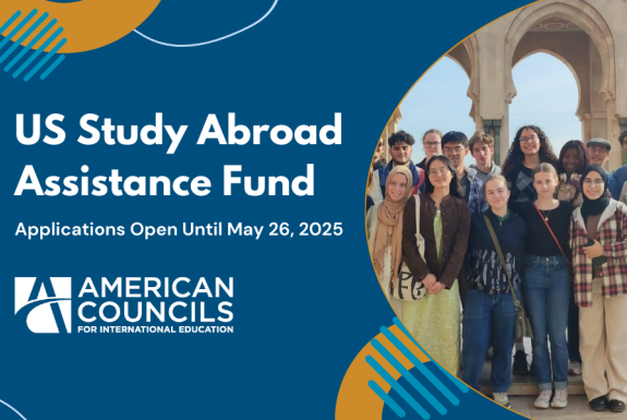 US Assistance Fund_ Blue Background with White Text_ photo of US Study Abroad participants
