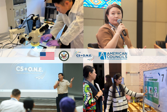 Collage of four alumni, with American flag, Department of State, C5+O.N.E., and American Councils logos