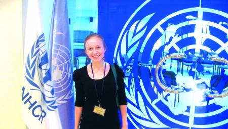 Lehigh University student smiles in front of a UN office