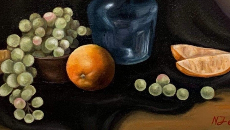 A close up shot of a still life painting of fruit and a vase, in color, with Nikola's signature in the corner