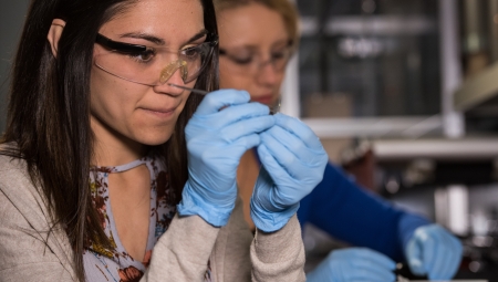 A female student is working in the PNNL laboratory