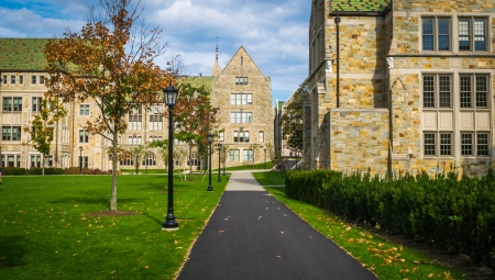 College Campus Courtyard with Brick Buildings