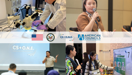 Collage of four alumni, with American flag, Department of State, C5+O.N.E., and American Councils logos